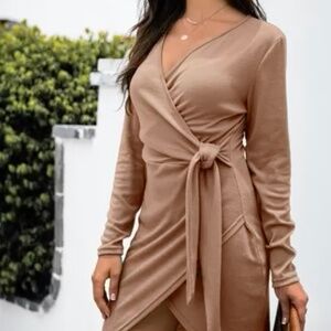 Women’s Khaki Tan Mini Dress Long Sleeves Wrap V Neck Sexy Tie Waist Bodycon S